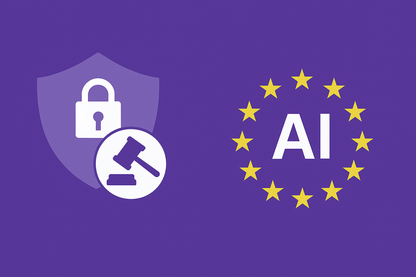 Illustration symbolique montrant un bouclier avec un cadenas et un maillet de justice, représentant la sécurité et la réglementation, à côté d’un cercle d’étoiles européennes entourant les lettres AI, sur fond violet.